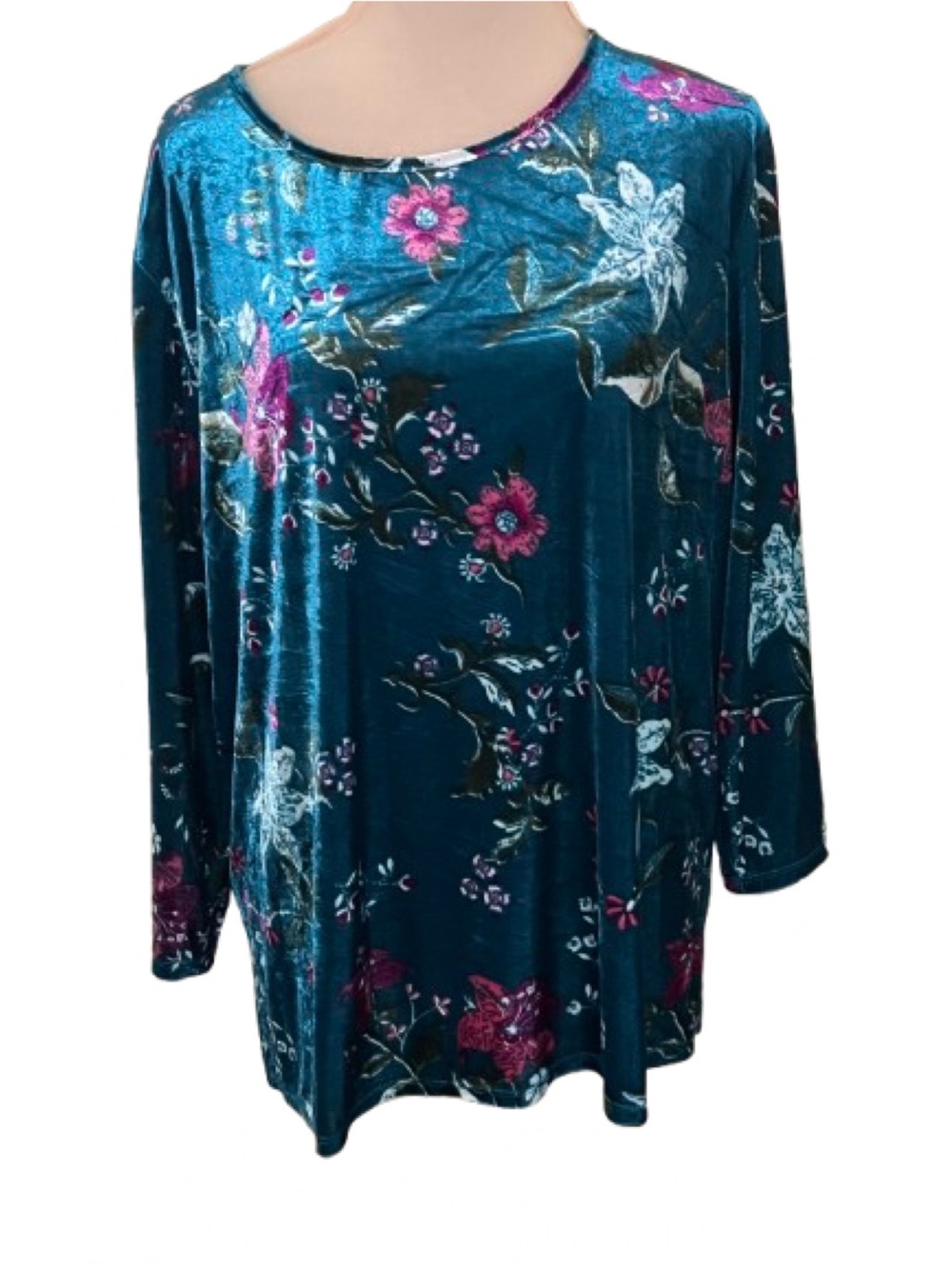 White Stag XL(16-18)Teal Velvet Burnout Sweater Floral Bloom Leaf Dark Romantic - Picture 9 of 9